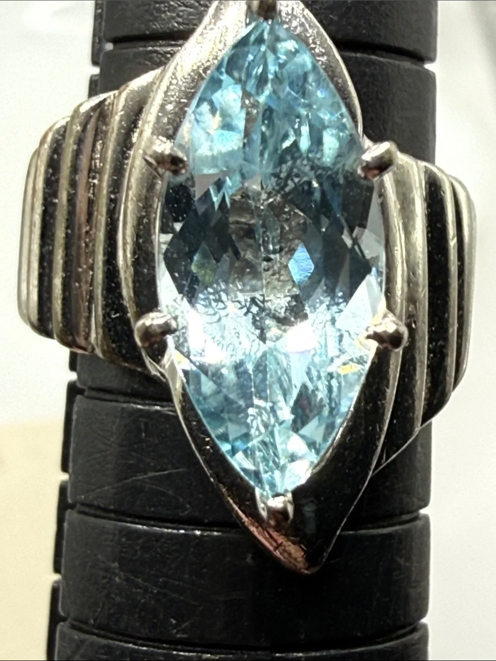 Incredible vintage modernist Silver Ring Blue Marquise Topaz tests sapphire Sz 6